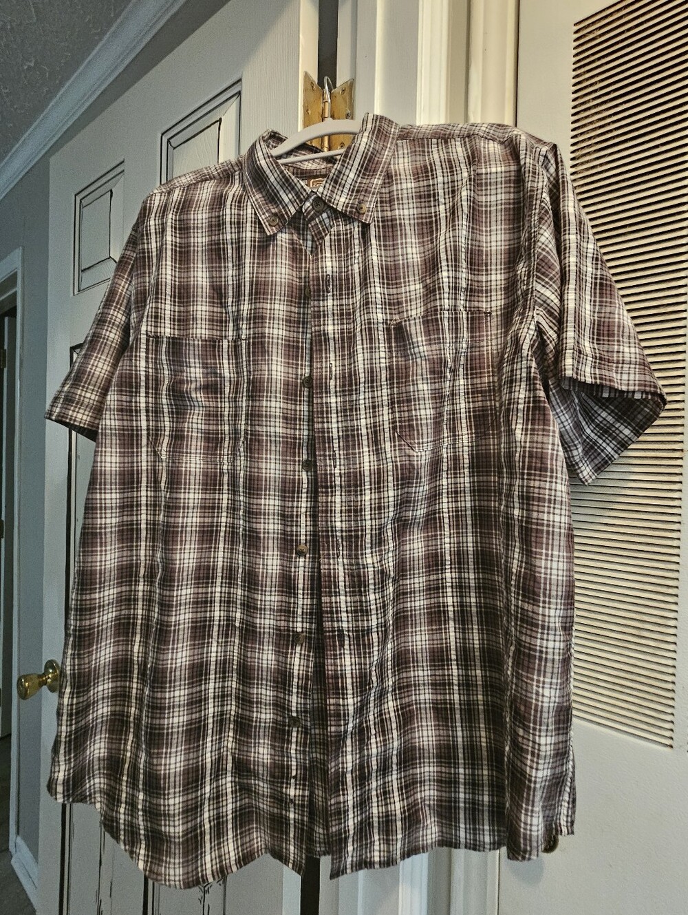 Schmidt Lightweight Brown & Cream Plaid Short Sleeve Men's Button Down XL
